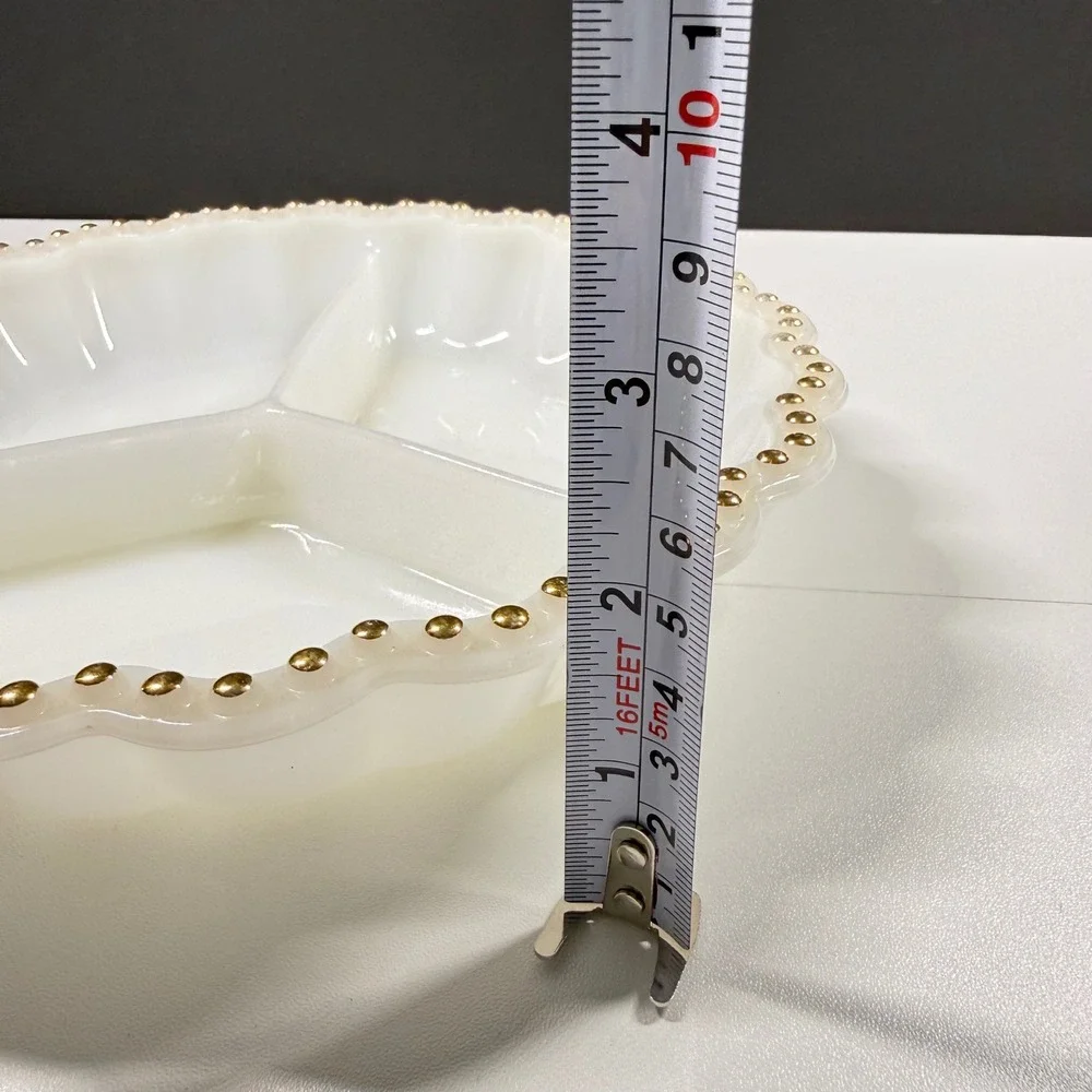 2 FIRE-KING Vintage White Milk Glass Gold Beaded Trim Serving Platter Relish